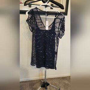 Navy Sheer Sequin Top